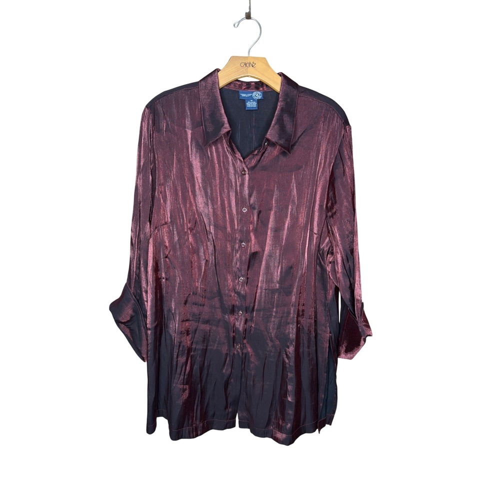 Venezia Jeans Burgundy Metallic Shimmer Button Down‎ Blouse Shirt Womens Size 18